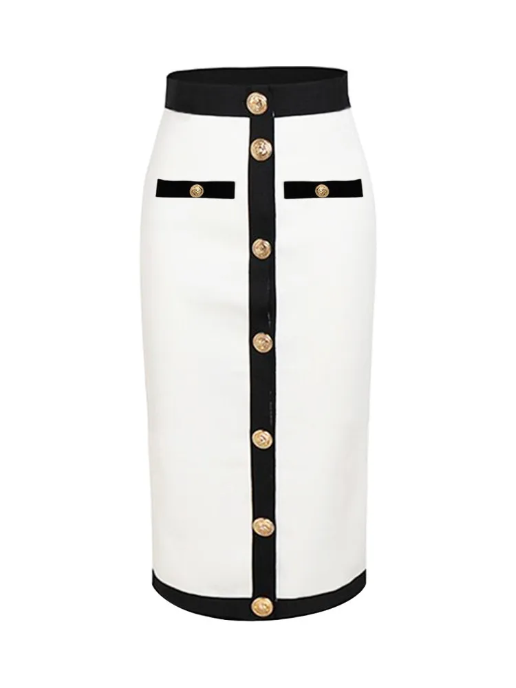 Black White Bandage Skirts For Women Elegant High Waist Elastic Buttons Knee Length Pencil Skirt Elegant Ladies Office Cloth