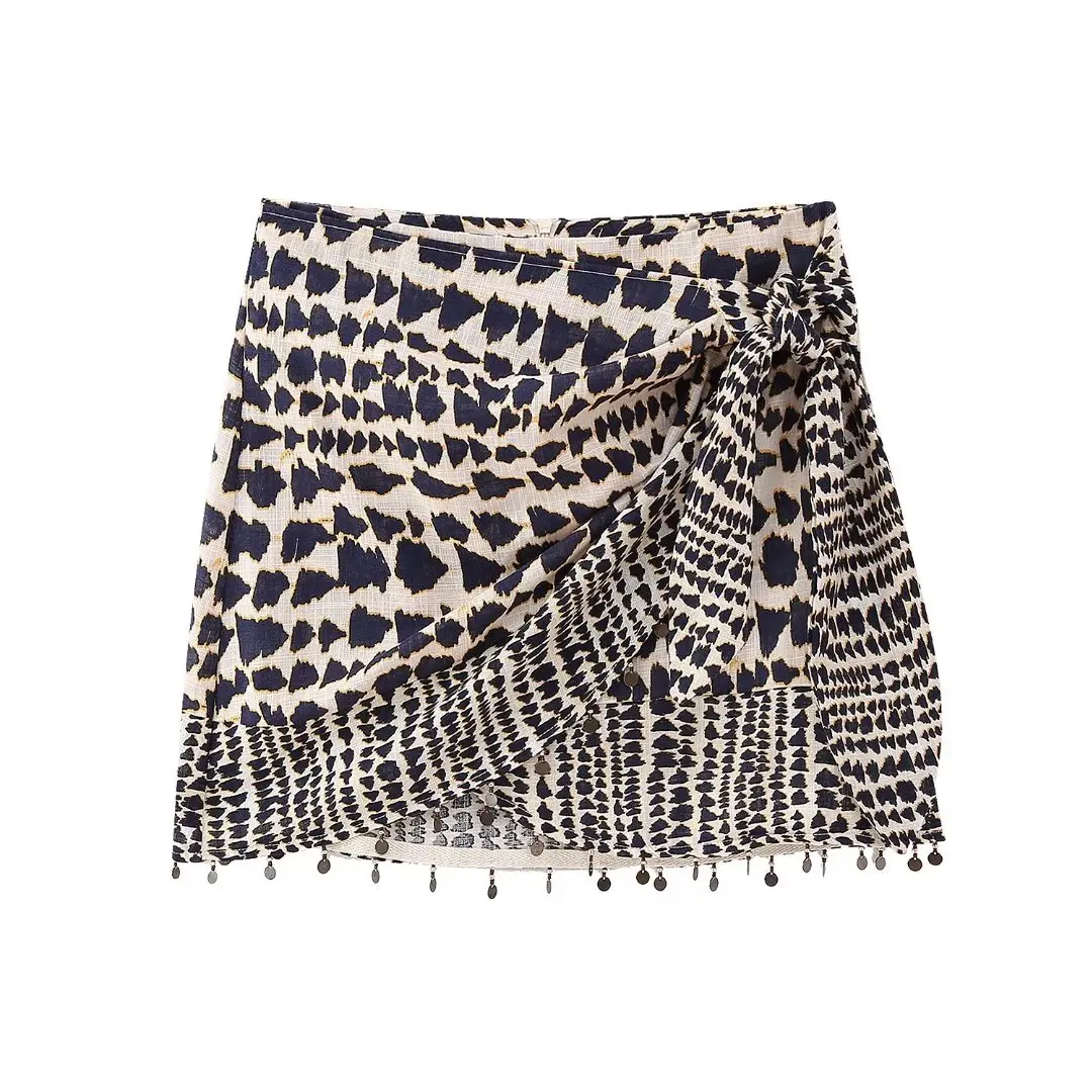 Geometric Print Wrap Skirt Women Vintage Knotted Sarong Mini Skirt with Beaded Tassel High Waist Boho Faldas Mujer