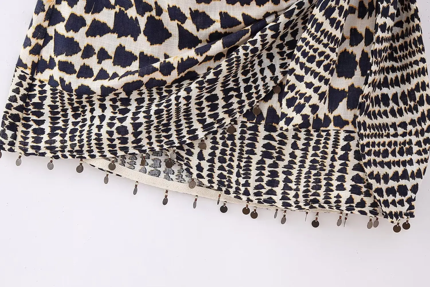 Geometric Print Wrap Skirt Women Vintage Knotted Sarong Mini Skirt with Beaded Tassel High Waist Boho Faldas Mujer