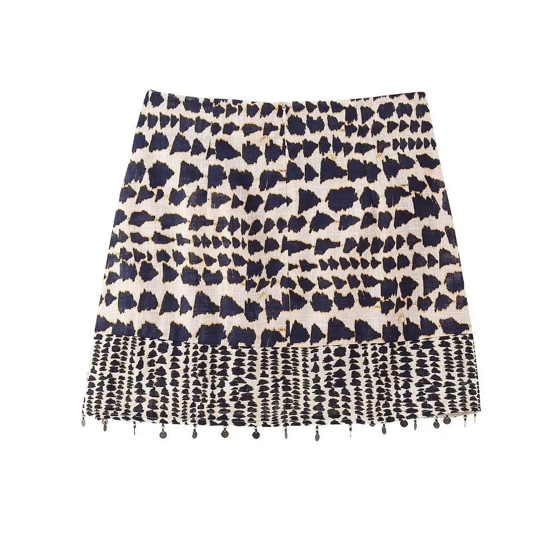 Geometric Print Wrap Skirt Women Vintage Knotted Sarong Mini Skirt with Beaded Tassel High Waist Boho Faldas Mujer