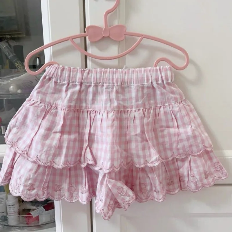 2025 Faldas Mujer De Moda Japanese Summer Skirt Women High Waist Jupe Kawaii Embroidery Fashion Plaid Mini Y2k Pink Cute Skirts