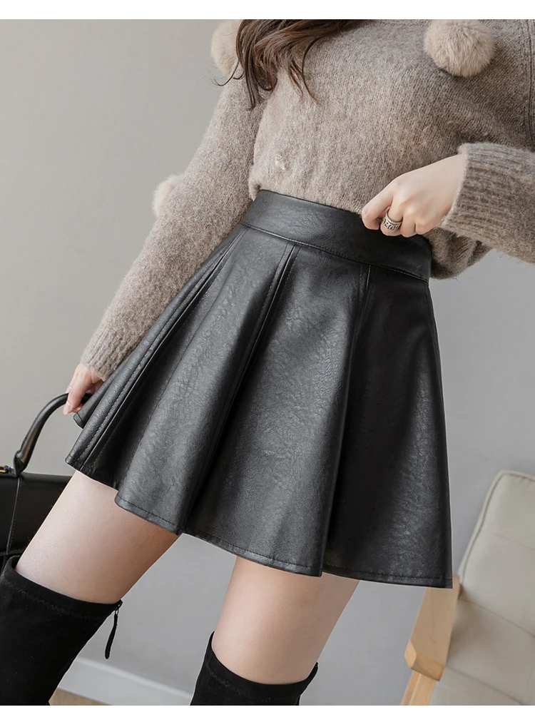 Jielur PU Pleated Skirt Autumn Women Solid Color Leather Winter Skirts Womens Slim High Waist Saia Faldas Chic Zipper Mini Skirt