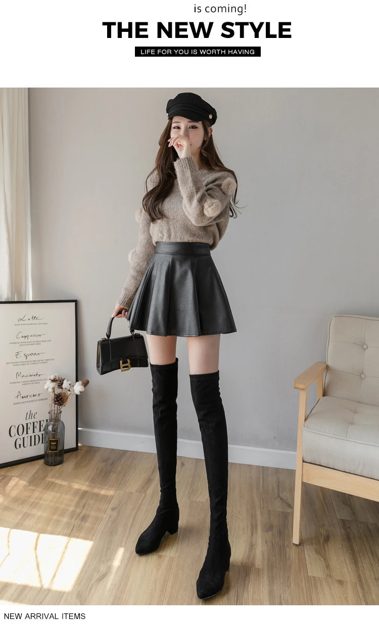 Jielur PU Pleated Skirt Autumn Women Solid Color Leather Winter Skirts Womens Slim High Waist Saia Faldas Chic Zipper Mini Skirt
