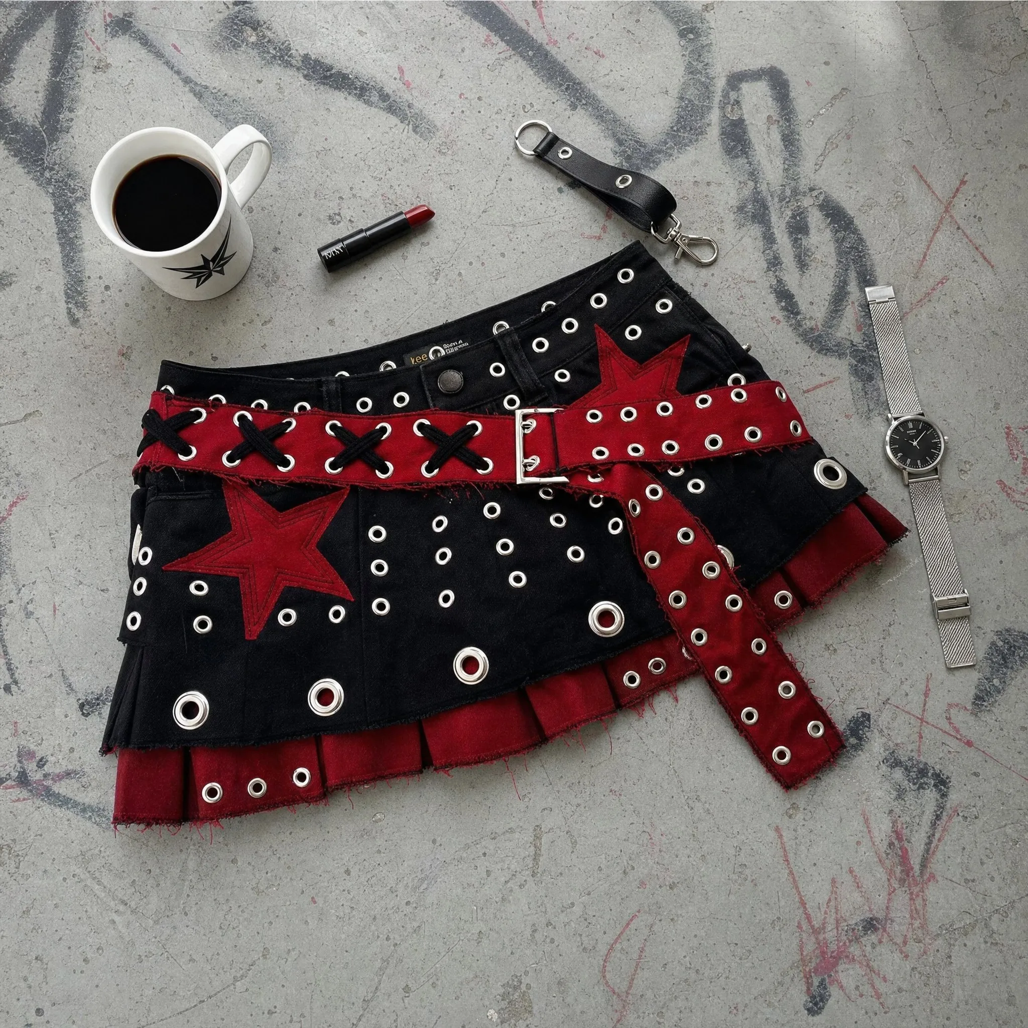 Women Punk Star Eyelet Skirt Black Red Belt Buckle Multiple Grommets Lace Up Detail Frayed Hem Distressed Mini Streetwear Sexy