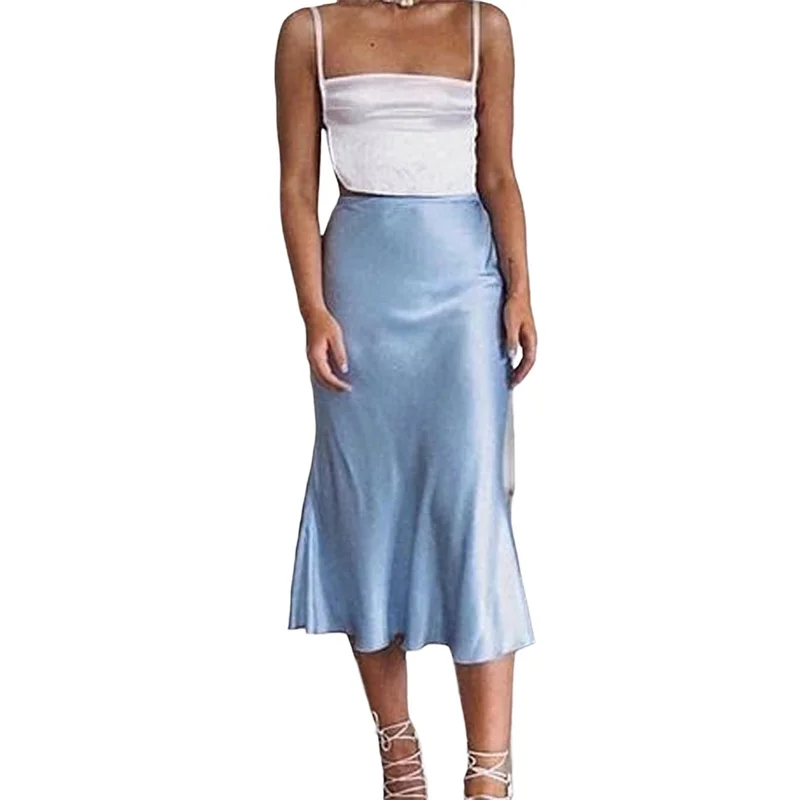 Lamuusaa Satin Skirt Women Summer Clothes Solid Color High Waist Bodycon Midi Skirts Elegant Evening Party Skirts Streetwear