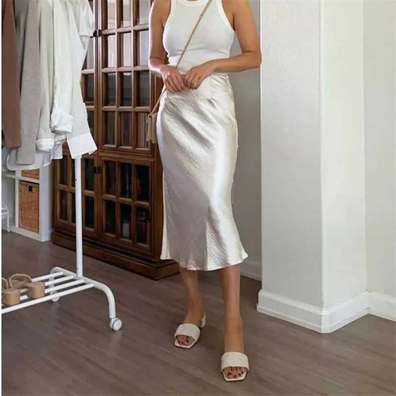 Lamuusaa Satin Skirt Women Summer Clothes Solid Color High Waist Bodycon Midi Skirts Elegant Evening Party Skirts Streetwear