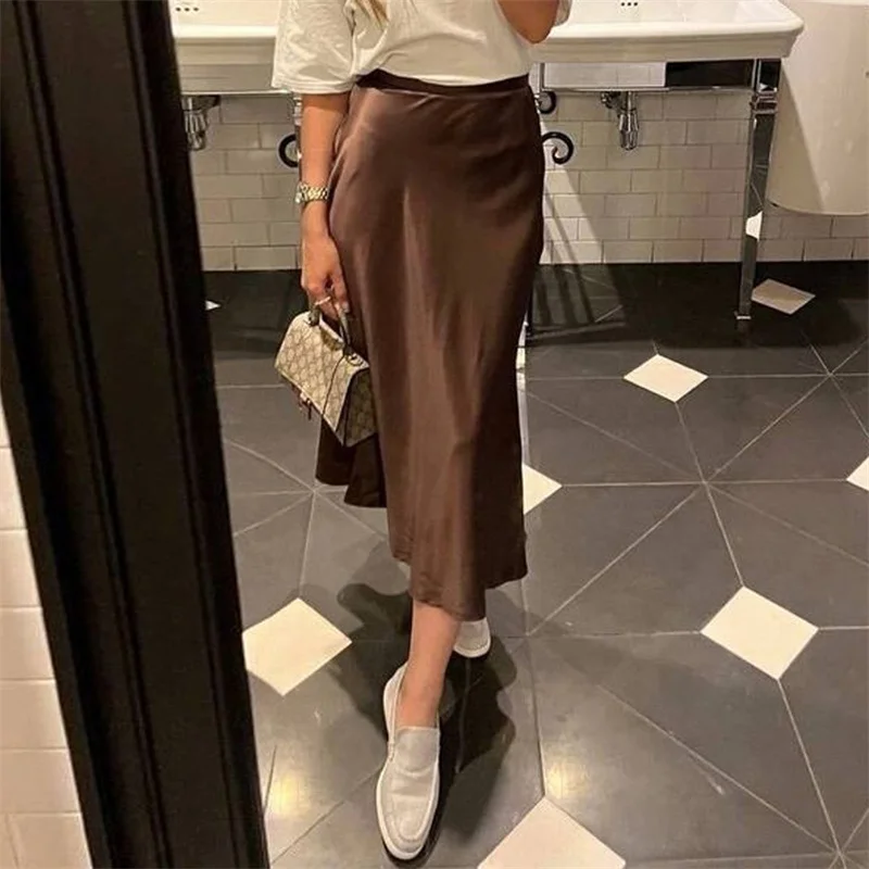 Lamuusaa Satin Skirt Women Summer Clothes Solid Color High Waist Bodycon Midi Skirts Elegant Evening Party Skirts Streetwear