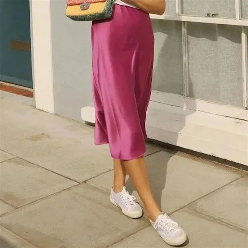 Lamuusaa Satin Skirt Women Summer Clothes Solid Color High Waist Bodycon Midi Skirts Elegant Evening Party Skirts Streetwear