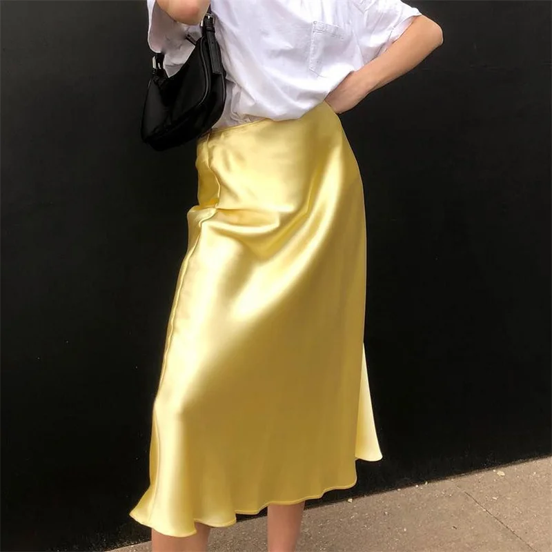 Lamuusaa Satin Skirt Women Summer Clothes Solid Color High Waist Bodycon Midi Skirts Elegant Evening Party Skirts Streetwear
