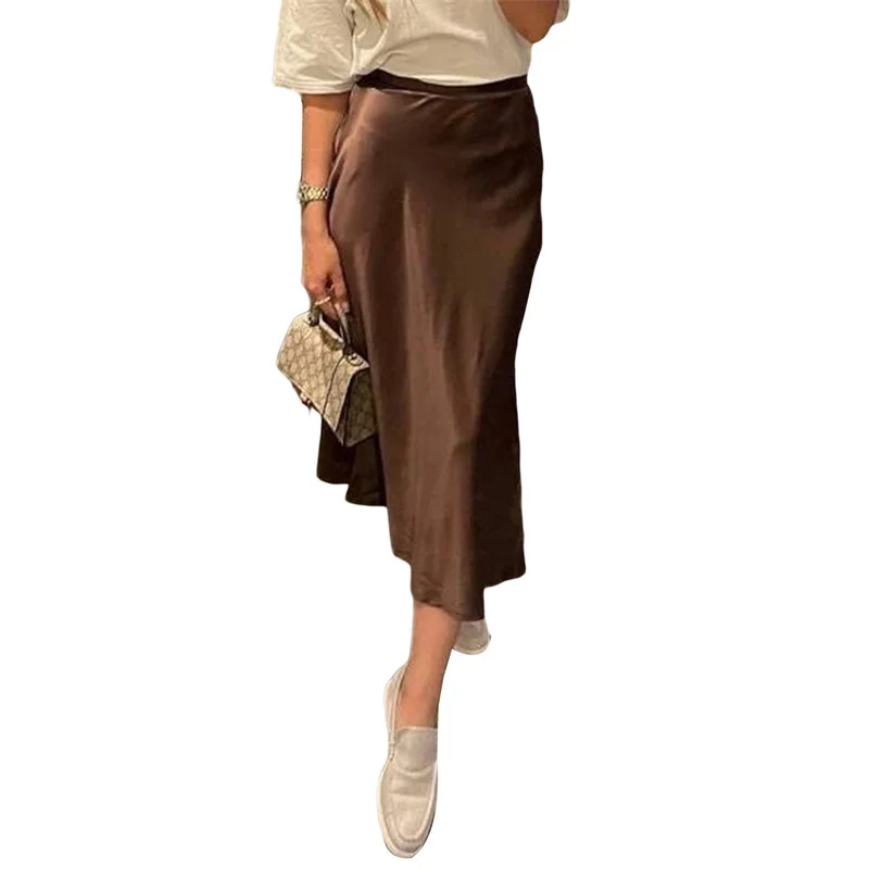 Lamuusaa Satin Skirt Women Summer Clothes Solid Color High Waist Bodycon Midi Skirts Elegant Evening Party Skirts Streetwear