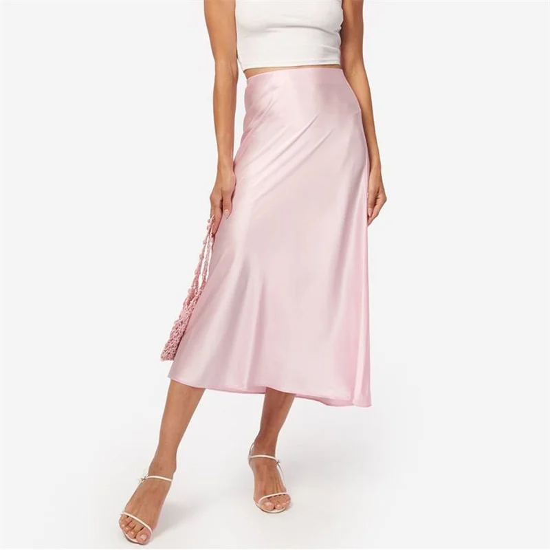 Lamuusaa Satin Skirt Women Summer Clothes Solid Color High Waist Bodycon Midi Skirts Elegant Evening Party Skirts Streetwear