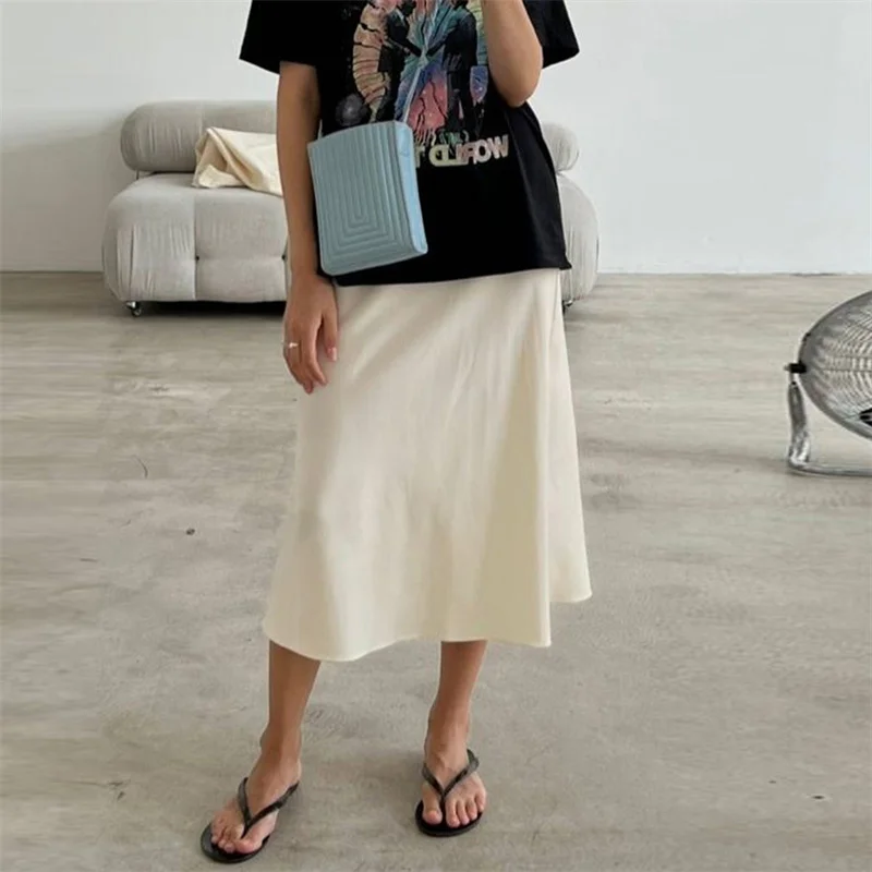 Lamuusaa Satin Skirt Women Summer Clothes Solid Color High Waist Bodycon Midi Skirts Elegant Evening Party Skirts Streetwear