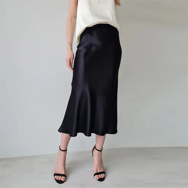 Lamuusaa Satin Skirt Women Summer Clothes Solid Color High Waist Bodycon Midi Skirts Elegant Evening Party Skirts Streetwear