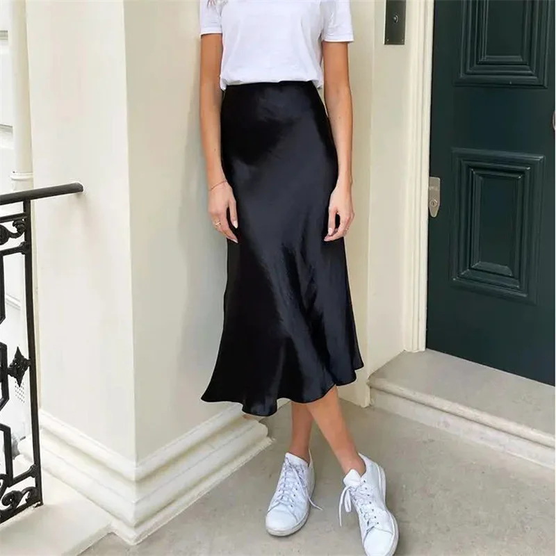 Lamuusaa Satin Skirt Women Summer Clothes Solid Color High Waist Bodycon Midi Skirts Elegant Evening Party Skirts Streetwear