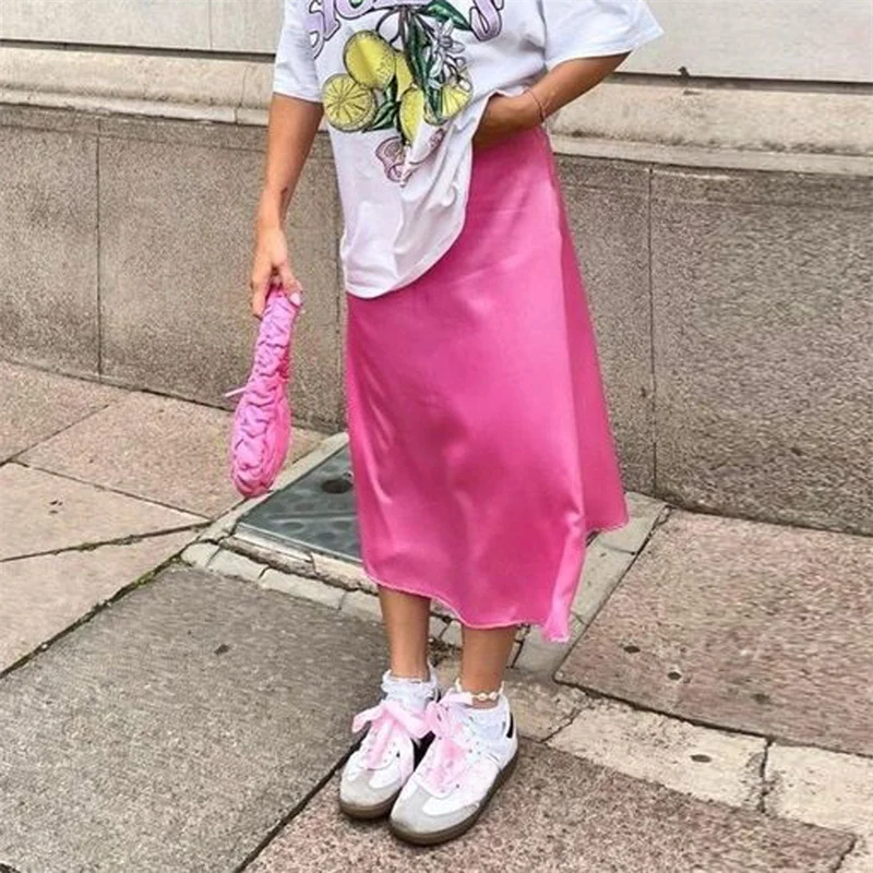 Lamuusaa Satin Skirt Women Summer Clothes Solid Color High Waist Bodycon Midi Skirts Elegant Evening Party Skirts Streetwear