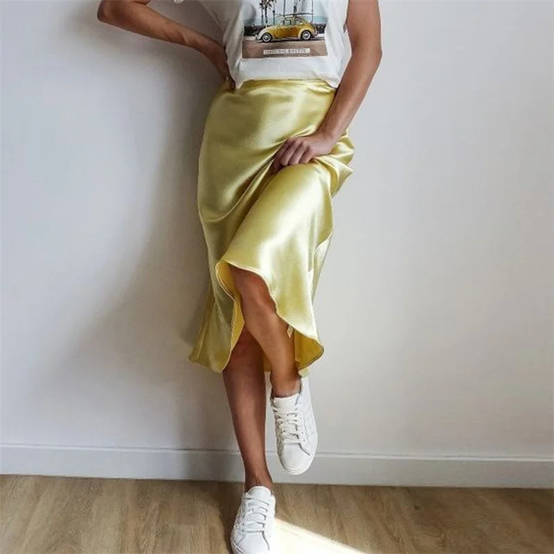 Lamuusaa Satin Skirt Women Summer Clothes Solid Color High Waist Bodycon Midi Skirts Elegant Evening Party Skirts Streetwear