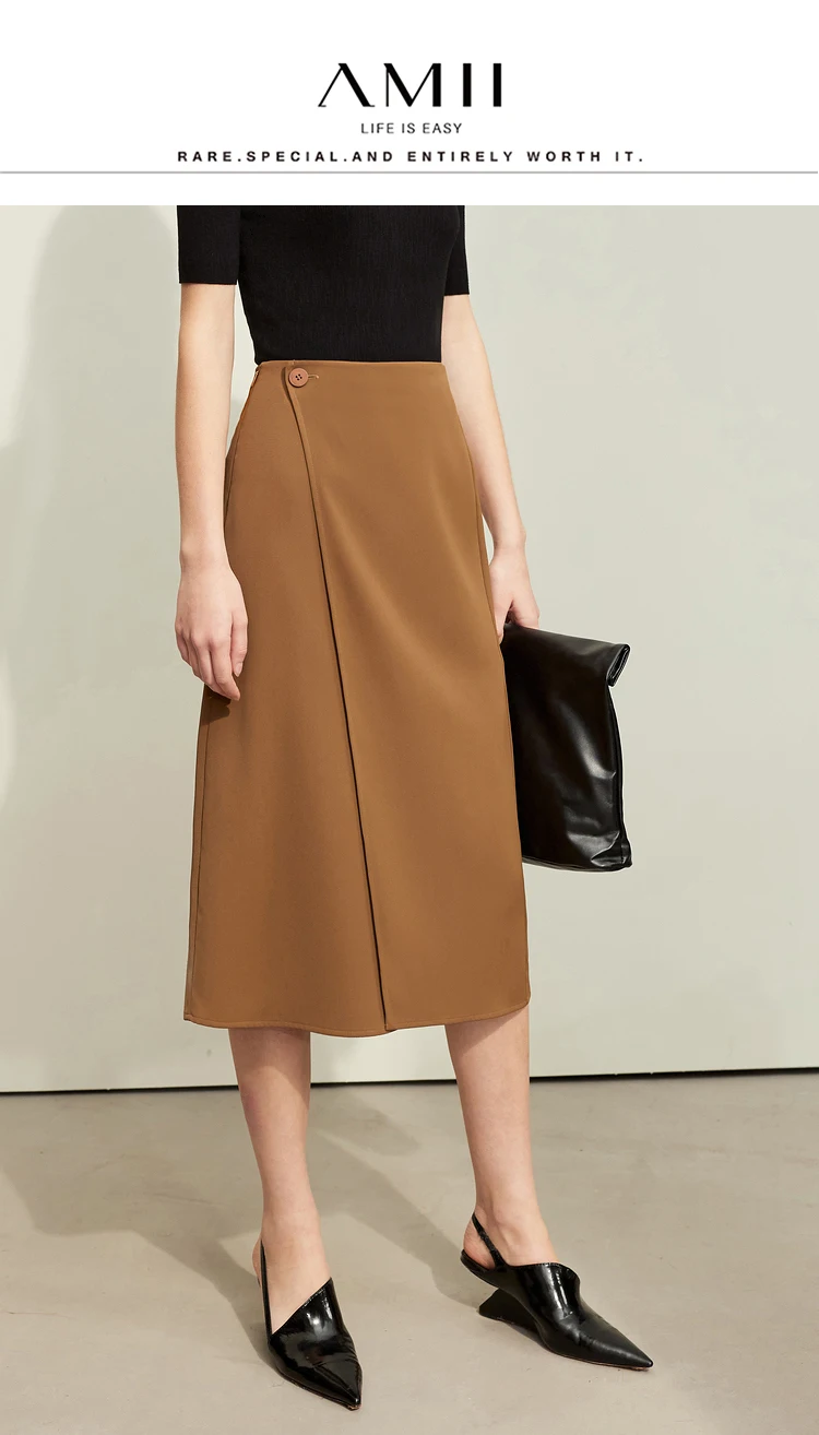 AMII Minimalism Women Skirts 2024 Autumn New Asymmetric Lap Piece A-line Solid Trendy Commuter Mid-Calf Skirt For Lady 12421040