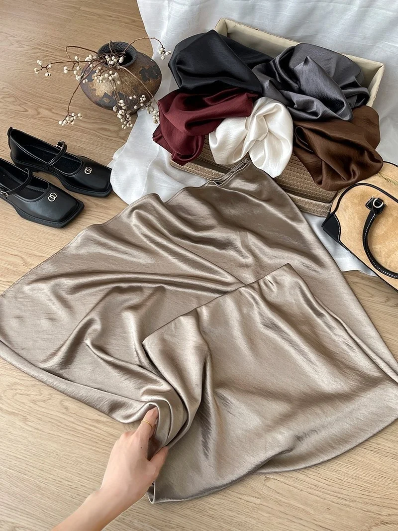 12 Colors New In 2026 Women Spring Autumn Elegant Fashion Satin Long Skirts Female Trendy Solid Color High Waist Faldas