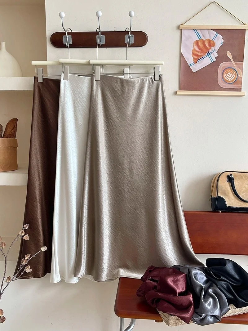 12 Colors New In 2026 Women Spring Autumn Elegant Fashion Satin Long Skirts Female Trendy Solid Color High Waist Faldas