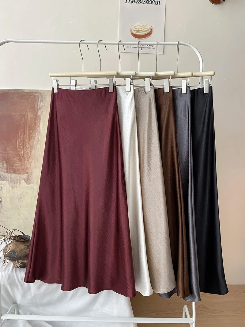 12 Colors New In 2026 Women Spring Autumn Elegant Fashion Satin Long Skirts Female Trendy Solid Color High Waist Faldas