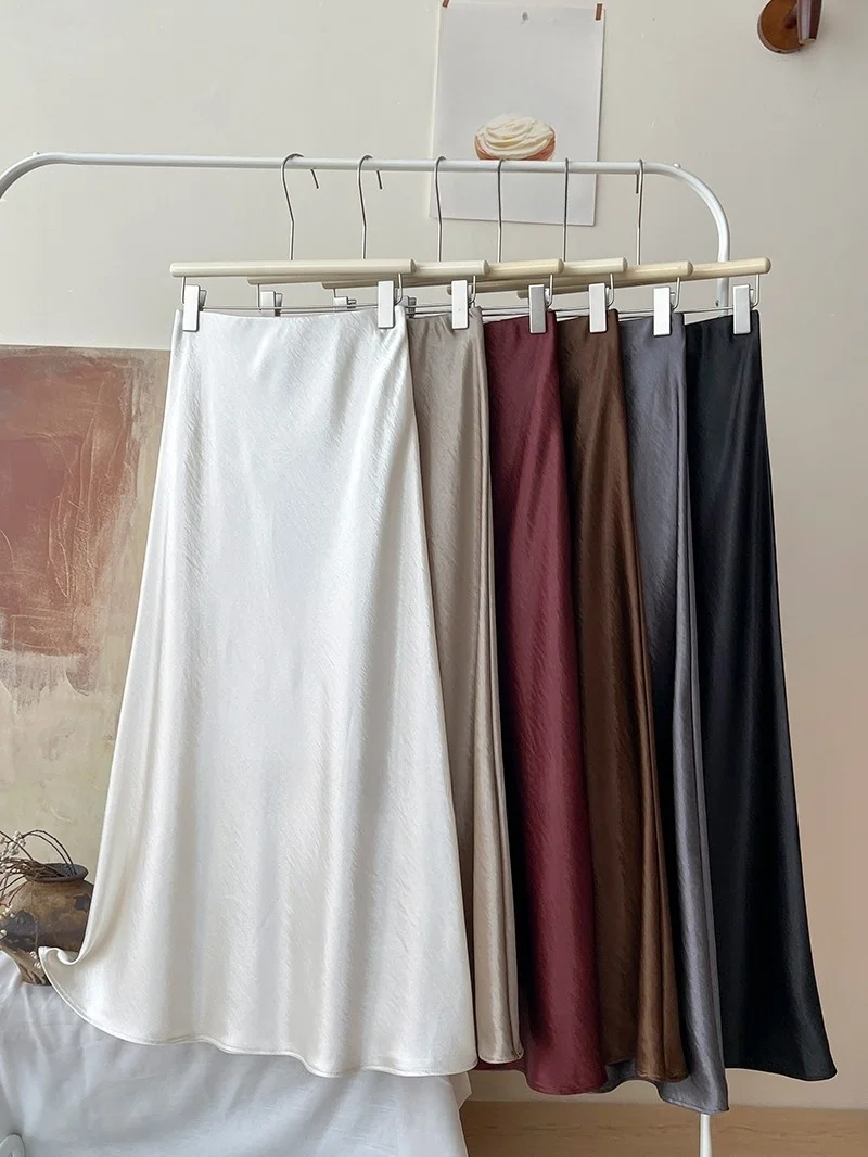 12 Colors New In 2026 Women Spring Autumn Elegant Fashion Satin Long Skirts Female Trendy Solid Color High Waist Faldas