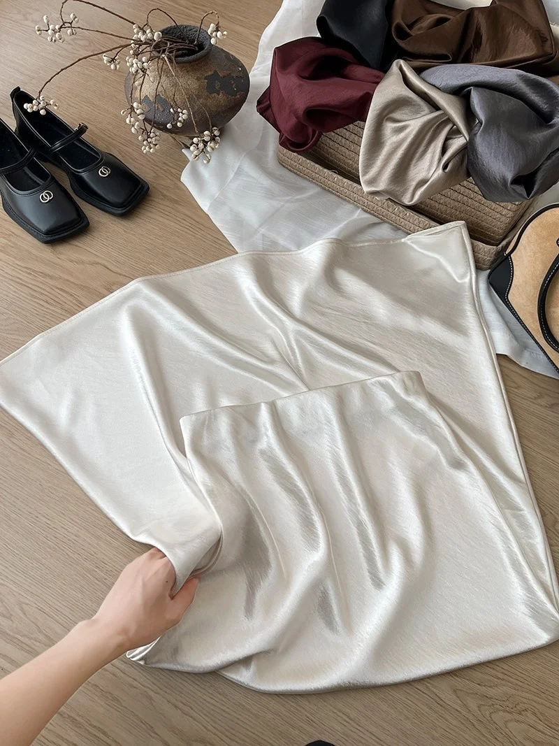 12 Colors New In 2026 Women Spring Autumn Elegant Fashion Satin Long Skirts Female Trendy Solid Color High Waist Faldas