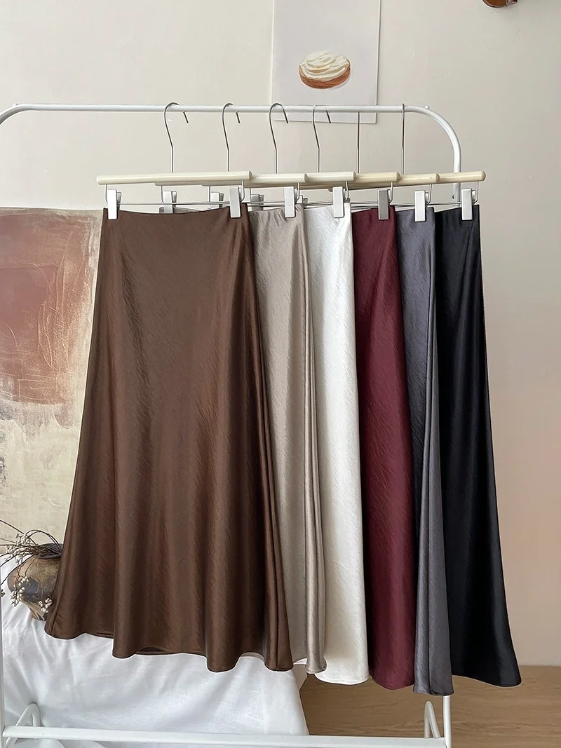 12 Colors New In 2026 Women Spring Autumn Elegant Fashion Satin Long Skirts Female Trendy Solid Color High Waist Faldas