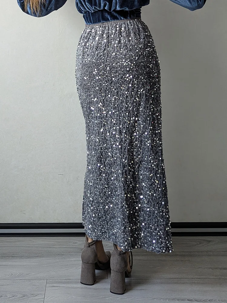 High Waisted Sequin Maxi Skirt Women Elegant Shiny Straight Skirts With Slit Summer Spring Black Long Sequin Skirt For Women