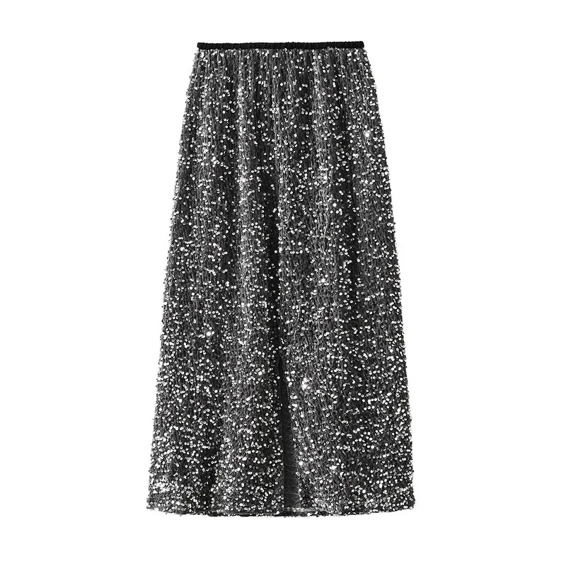 High Waisted Sequin Maxi Skirt Women Elegant Shiny Straight Skirts With Slit Summer Spring Black Long Sequin Skirt For Women