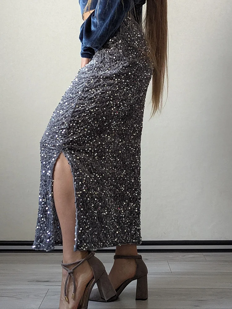 High Waisted Sequin Maxi Skirt Women Elegant Shiny Straight Skirts With Slit Summer Spring Black Long Sequin Skirt For Women