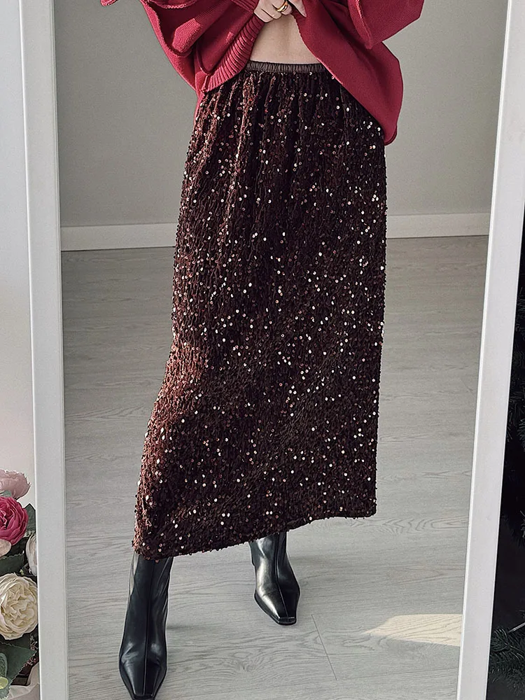 High Waisted Sequin Maxi Skirt Women Elegant Shiny Straight Skirts With Slit Summer Spring Black Long Sequin Skirt For Women