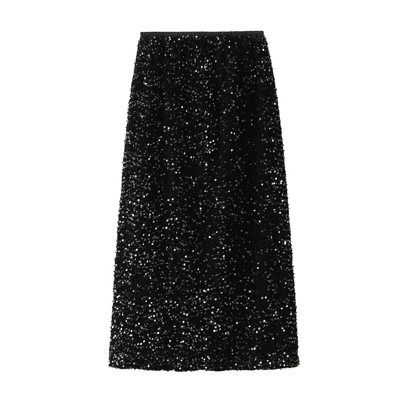 High Waisted Sequin Maxi Skirt Women Elegant Shiny Straight Skirts With Slit Summer Spring Black Long Sequin Skirt For Women