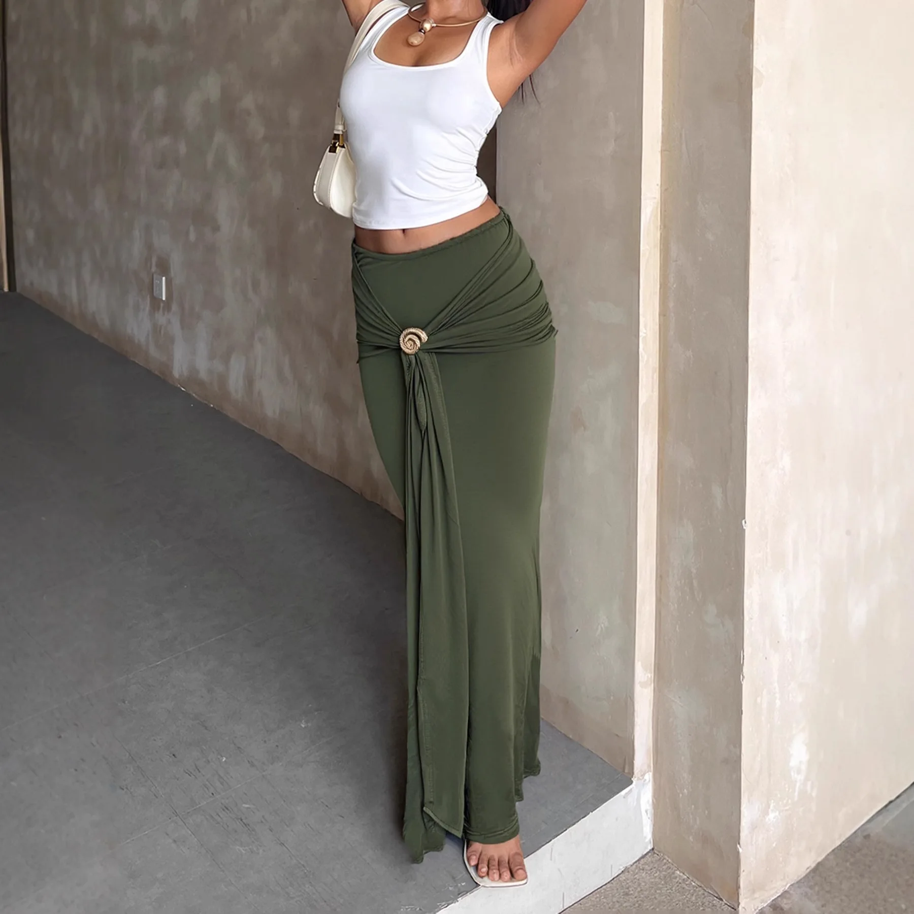 BKLD 2026 New Fashion Metal Accessory Bag Hip Skirts Soid Color Green Sexy Low Waist Tight Long Skirts Women Clothing Party