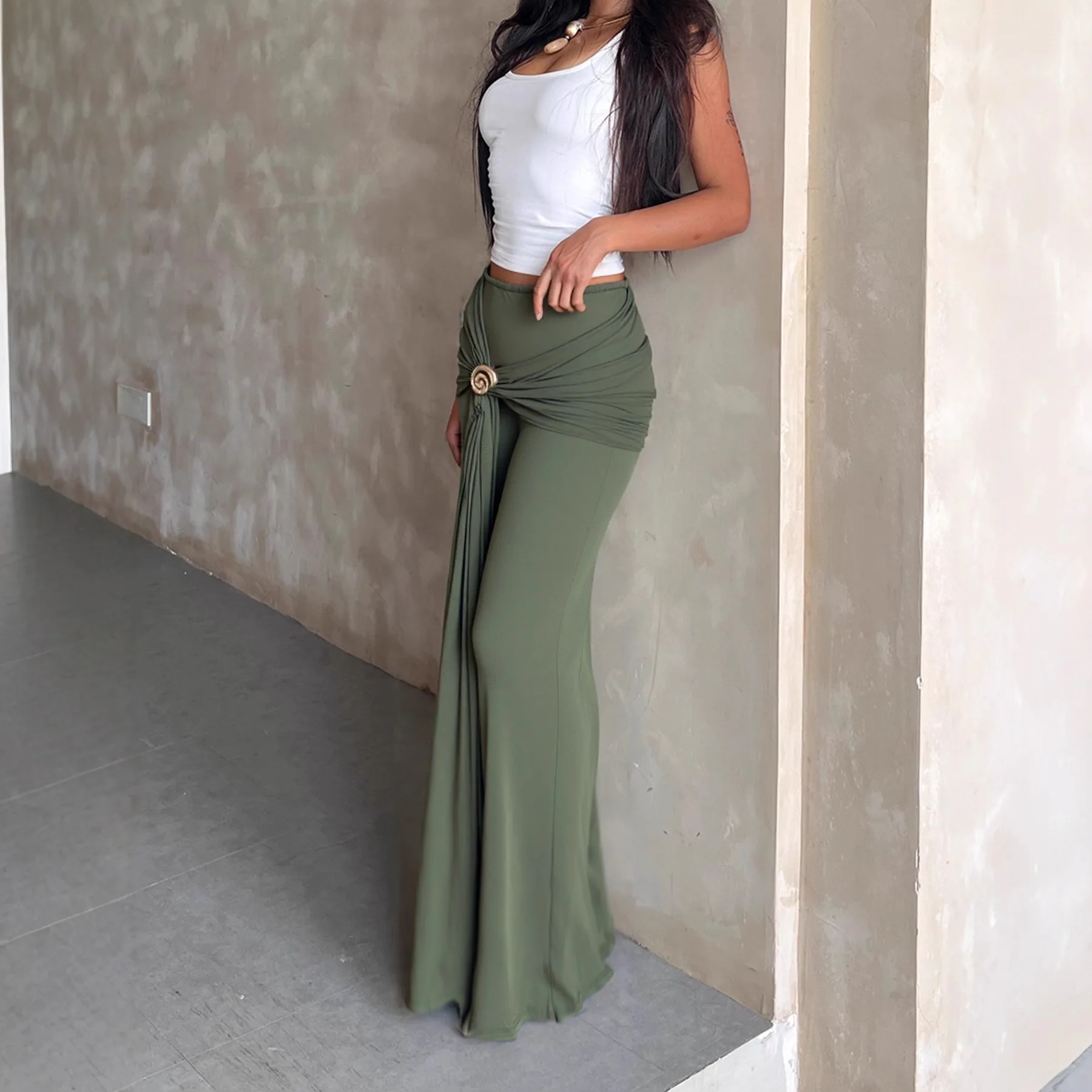 BKLD 2026 New Fashion Metal Accessory Bag Hip Skirts Soid Color Green Sexy Low Waist Tight Long Skirts Women Clothing Party