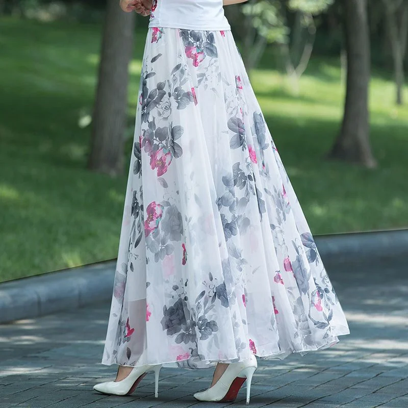 Womens Summer Skirts Hot Sales Korean Style Fashion Floral Print Chiffon High Waist Skirt Female Elegant A- line Boho Long Skirt