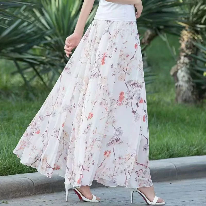 Womens Summer Skirts Hot Sales Korean Style Fashion Floral Print Chiffon High Waist Skirt Female Elegant A- line Boho Long Skirt