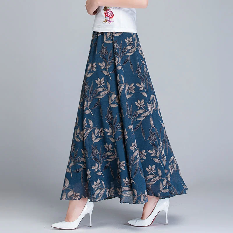 Womens Summer Skirts Hot Sales Korean Style Fashion Floral Print Chiffon High Waist Skirt Female Elegant A- line Boho Long Skirt