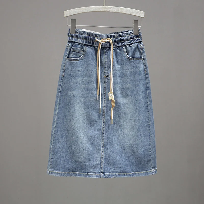 Korean Lady Large Size 5XL Denim Maxi Skirt Spring Summer Women Lace Up Jeans Long Skirts Femme In Half Body Cowboy A-line Skirt