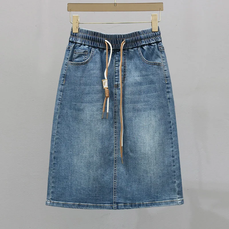 Korean Lady Large Size 5XL Denim Maxi Skirt Spring Summer Women Lace Up Jeans Long Skirts Femme In Half Body Cowboy A-line Skirt