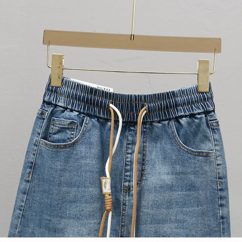 Korean Lady Large Size 5XL Denim Maxi Skirt Spring Summer Women Lace Up Jeans Long Skirts Femme In Half Body Cowboy A-line Skirt