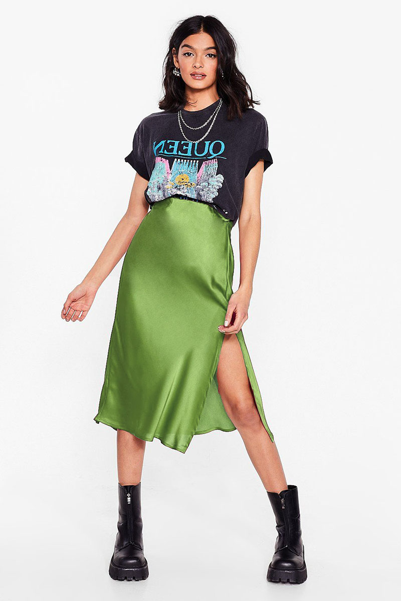 High End Acetate Fiber Satin Skirts Women Elegant Elastic Waist Side Split Midi Skirt Woman Fashion Party A-Line Bodycon Skirts