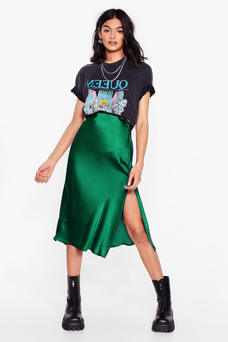 High End Acetate Fiber Satin Skirts Women Elegant Elastic Waist Side Split Midi Skirt Woman Fashion Party A-Line Bodycon Skirts