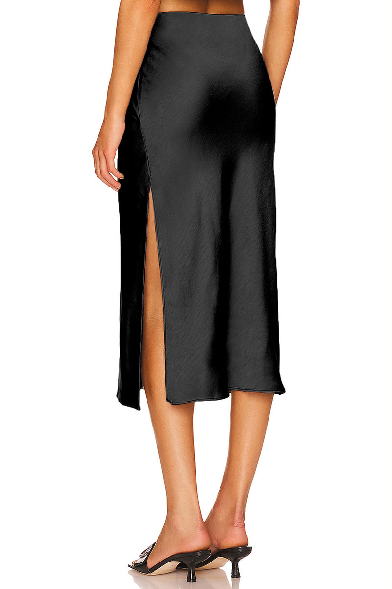 High End Acetate Fiber Satin Skirts Women Elegant Elastic Waist Side Split Midi Skirt Woman Fashion Party A-Line Bodycon Skirts