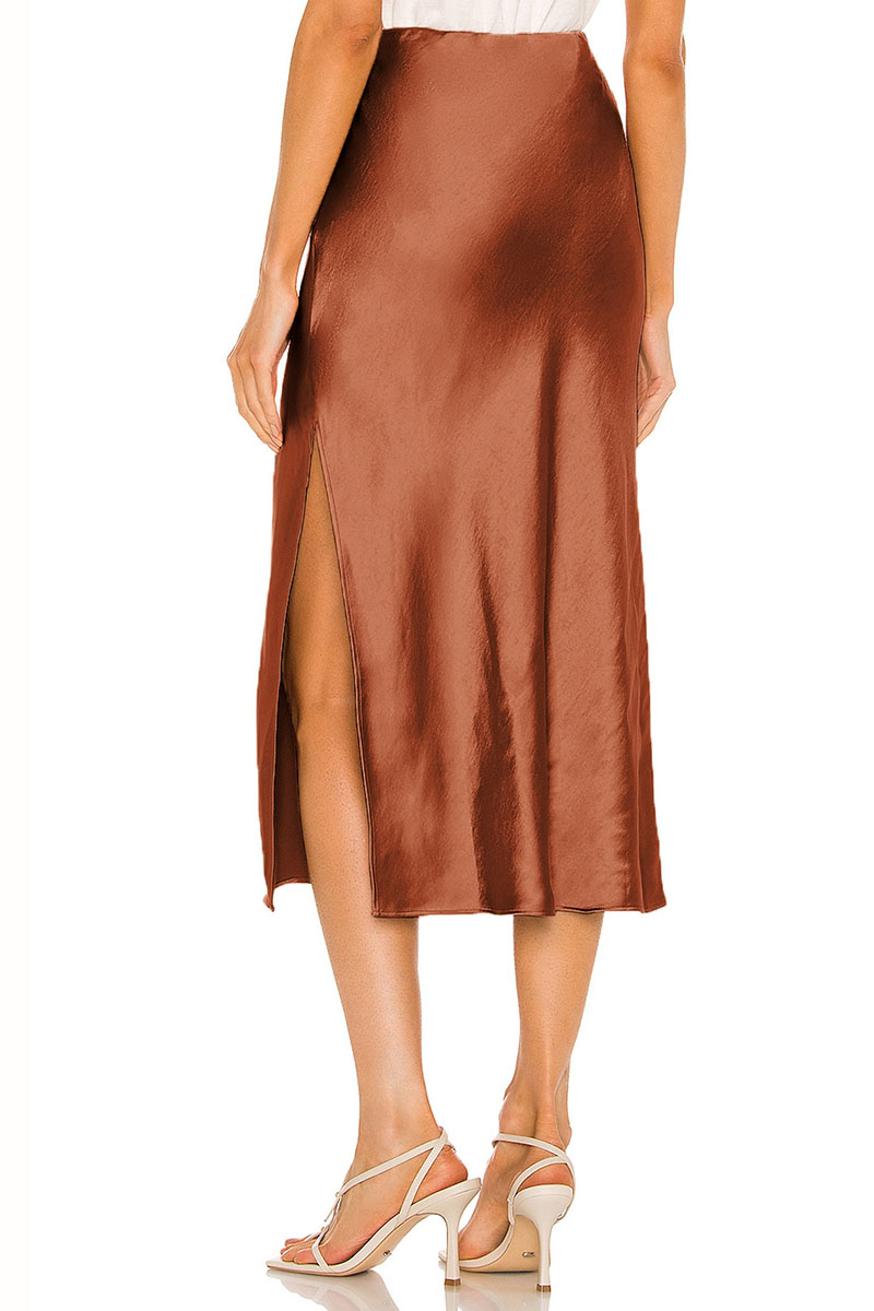 High End Acetate Fiber Satin Skirts Women Elegant Elastic Waist Side Split Midi Skirt Woman Fashion Party A-Line Bodycon Skirts