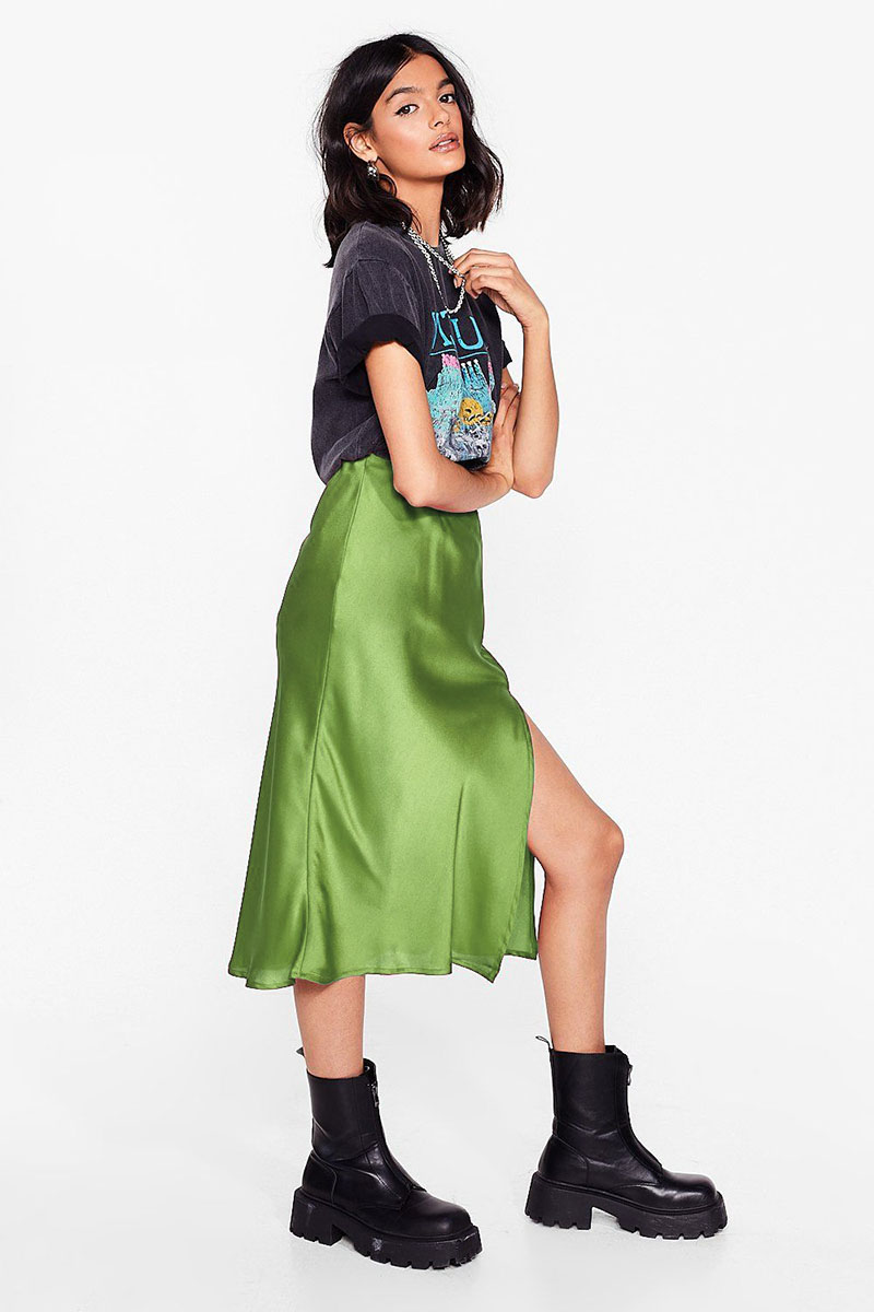 High End Acetate Fiber Satin Skirts Women Elegant Elastic Waist Side Split Midi Skirt Woman Fashion Party A-Line Bodycon Skirts