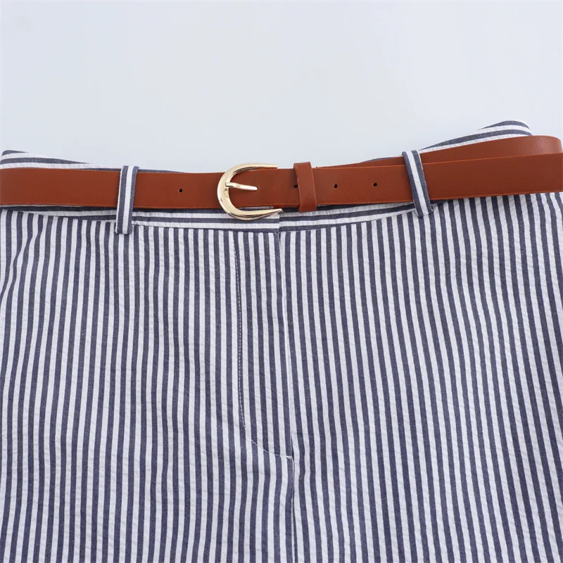 Women Casual Striped Skirts With Belted 2026 Summer Female High Waist A-Line Skirts Elegant Streetwear Lady Chic Shorts Skirts