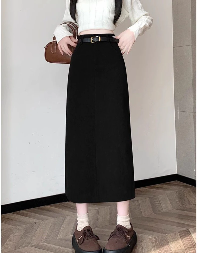 Zoki Retro Belt Red Corduroy Skirts Women High Waist Slim Sweet Midi Skirt Fall Winter Vintage Lady Elegant Slit Korean Skirts