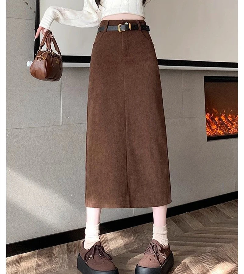 Zoki Retro Belt Red Corduroy Skirts Women High Waist Slim Sweet Midi Skirt Fall Winter Vintage Lady Elegant Slit Korean Skirts
