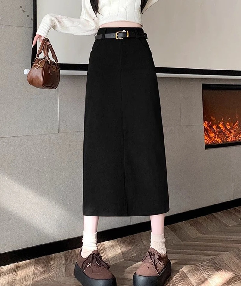 Zoki Retro Belt Red Corduroy Skirts Women High Waist Slim Sweet Midi Skirt Fall Winter Vintage Lady Elegant Slit Korean Skirts