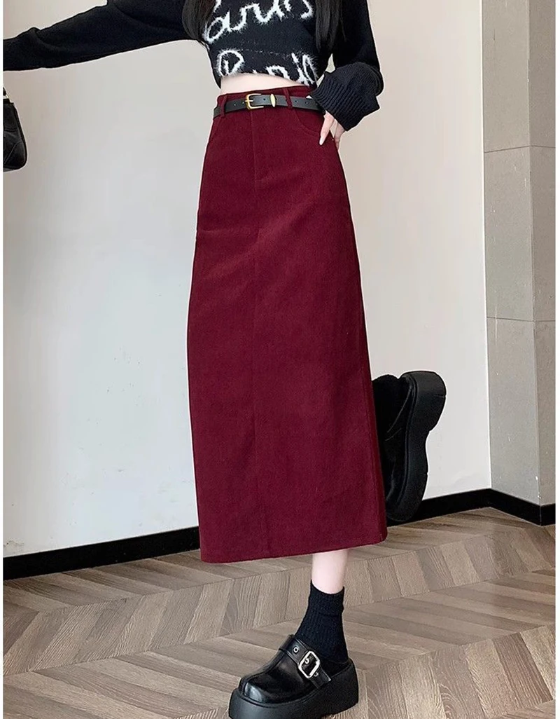 Zoki Retro Belt Red Corduroy Skirts Women High Waist Slim Sweet Midi Skirt Fall Winter Vintage Lady Elegant Slit Korean Skirts